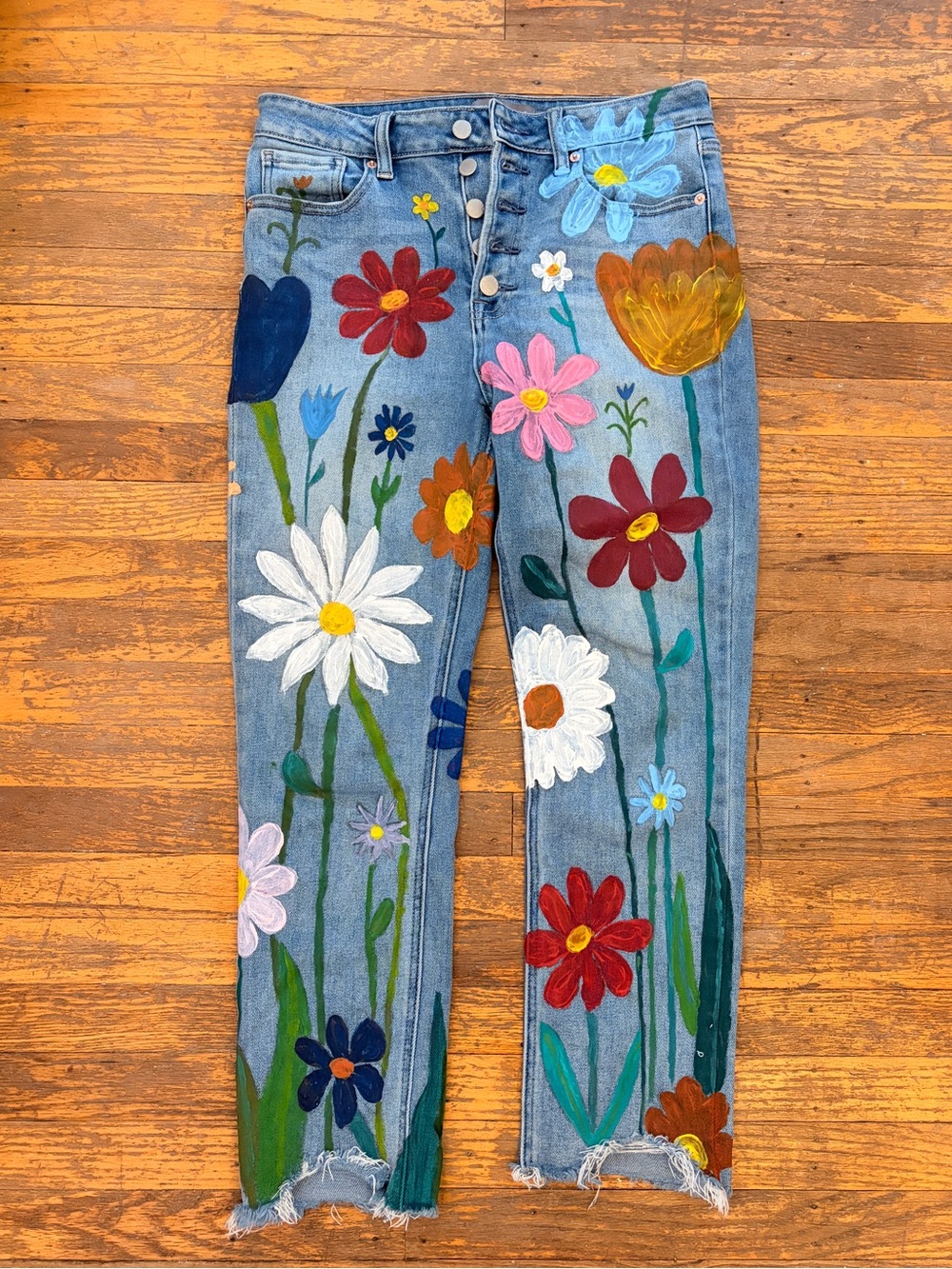 Hand painted multi color flower high rise stretchy jeans -size 29/8, hippie boho